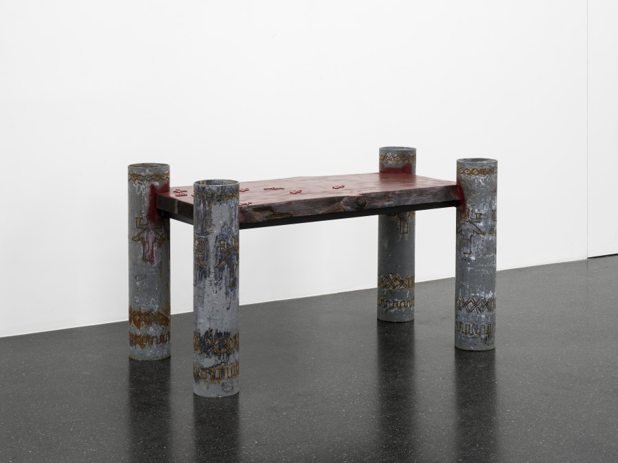 Dozie Kanu, aro pillars chukwu dinners, 2022, Found steel pipes, burnt pine wood, spray paint, powder-coated steel keyhole plates, 45 x 65 x 76 cm