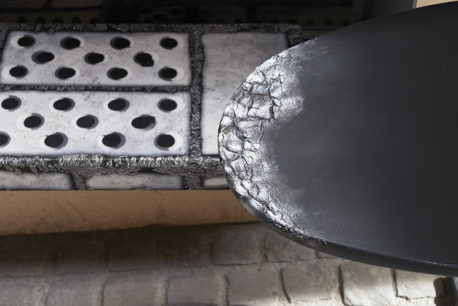 Ilaria Vinci, Universal Loneliness, 2022, second hand furniture, mixed media, dimensions variable; Wherever you go, there you are, 2022, sublimation printing on satin, 80 x 40 x 7 cm, 35 x 35 x 7 cm, photo: Cabaret Voltaire, Philipp Hänger. Courtesy: the artist