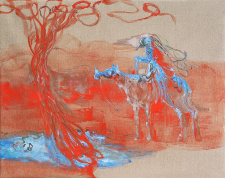 Rebekka Steiger, «another tired man lays down his hand», 2018, Öl und Tempera auf Leinwand, 190 × 240 cm © Rebekka Steiger und Galerie Urs Meile, Beijing-Luzern