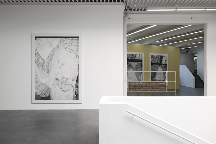 Kelly Tissot, Dubious portrait and improper meeting/Grower, 2022, Dubious portrait and improper meeting/Schoolgirl I, 2022, Dubious portrait and improper meeting/Schoolgirl II, 2022, Digital UV print on faux leather, each 290 x 210 cm, Coating against nostalgia/Cobalt glints II, 2022, Steel, stained fir wood, 300 x 160 x 5 cm. Ausstellungsansicht Kunsthaus Baselland 2022. Foto: Gina Folly