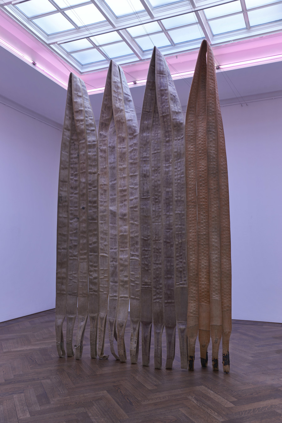 Installation view, Alia Farid, In Lieu of What Is, view on Pipeline sling tapestry, 2022, Kunsthalle Basel, 2022. Photo: Philipp Hänger / Kunsthalle Basel