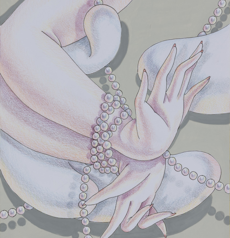 Sarah Slappey, Pearl Cuffs and Clouds, 2020. Colored pencil, pen and gouache on paper, 25.4 x 22.9 cm, 10 x 9 in. Photo Credit: Annik Wetter.