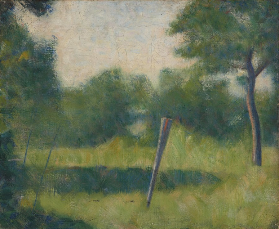 Paysage au piquet, Georges Seurat, um 1882, Öl auf Leinwand, HxB: 38 x 46.3 cm, Inv. G 2020.7,  Creditline: Kunstmuseum Basel- Geschenk der Max Geldner-Stiftung, Photo Credit: Kunstmuseum Basel - Jonas Haenggi