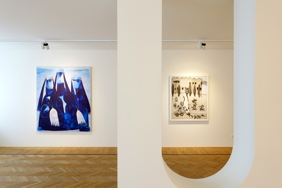 Installation shots of "Don't Fuck With Our Human" with works by Ali Banisadr, Kim Dingle, Christina Forrer, Xiao Guo Hui, Tahnee Lonsdale, Annie Morris exhibited at Galerie Fabian Lang, (17.09.2022-05.11.2022). Credit: Courtesy of the artists and Galerie Fabian Lang. Copyright: © Fabian Lang