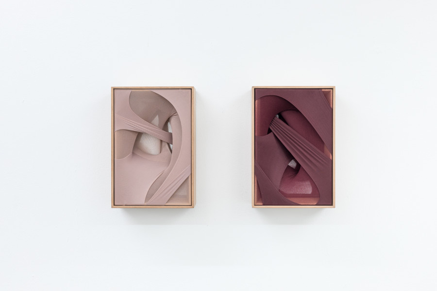 Martín Soto Climént, Gossip Secret Melody, Gossip Wine Melody, 2022, tights and plexiglass mirror mounted in red cedar wood box, each 31 x 21 x 10 cm. Photo: Kilian Bannwart