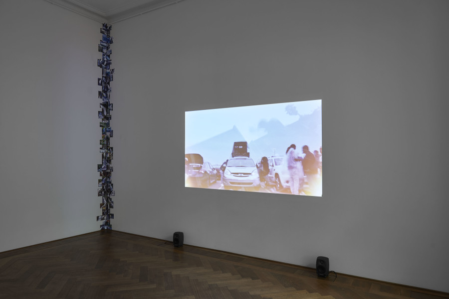 Deana Lawson, installation view, Centropy, Kunsthalle Basel, 2020, detail of Waterfall Assemblage (working title), 2020 (left) and view on Untitled (working title), 2018 (right).Photo: Philipp Hänger / Kunsthalle Basel