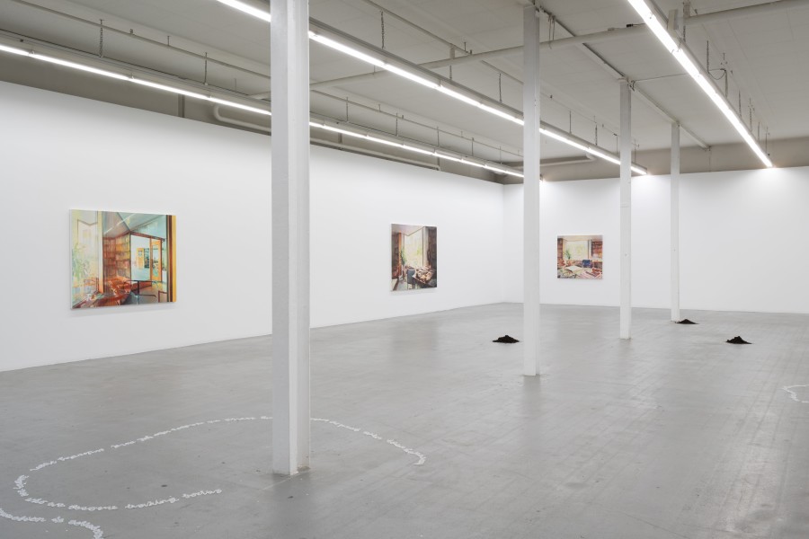 Cheyenne Oswald, Ode to the pace of slugs – Variation 2, 2021, Courtesy the artist; Anja Ganster, En el estudio 1, 2017; En el estudio 2, 2017; En el estudio 3, 2017; Daniela Müller, How to get a mole out of a garden, 2022. Installation view Kunsthaus Baselland 2022. Photo: Finn Curry