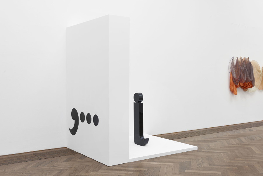 Installation view, Bizarre Silks, Private Imaginings and Narrative Facts, etc., an exhibition by Nick Mauss, view on (f.l.t.r.) Ketty La Rocca, Comma with 3 dots, 1970; Ketty La Rocca, J, 1970; Rosemary Mayer, Hypsipyle, 1973, Kunsthalle Basel, 2020. Photo: Philipp Hänger / Kunsthalle Basel