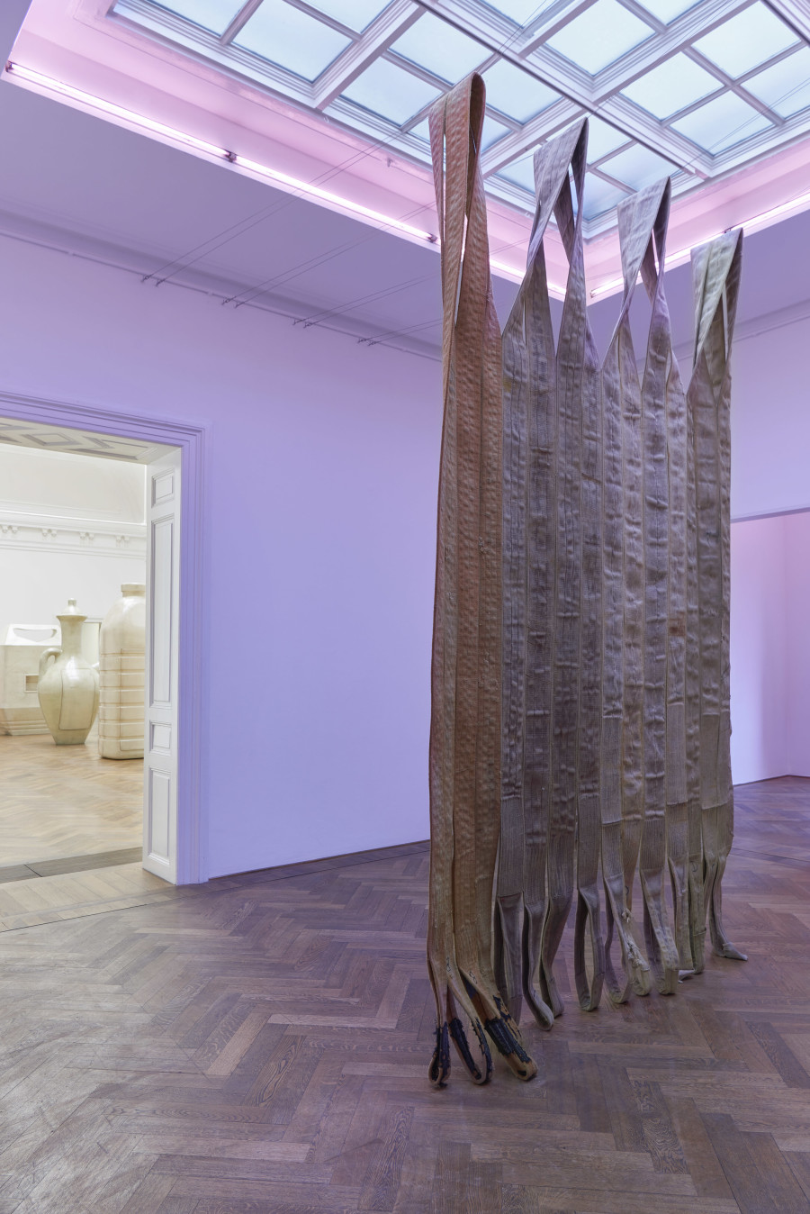 Installation view, Alia Farid, In Lieu of What Is, view on Pipeline sling tapestry, 2022, Kunsthalle Basel, 2022. Photo: Philipp Hänger / Kunsthalle Basel