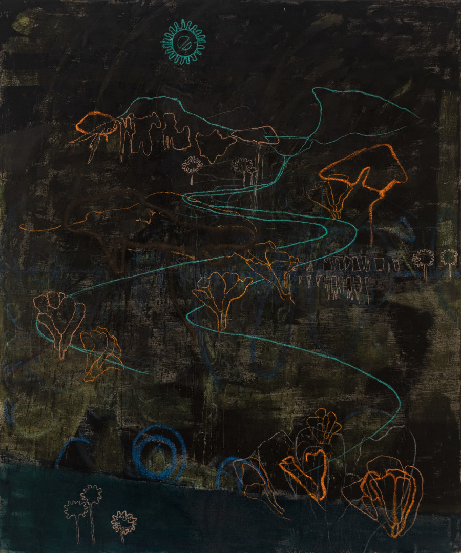 Rebekka Steiger, «boxing the compass», 2019, Tempera, Öl, Ölkreide und Pastell auf Leinwand, 240 x 200 cm © Rebekka Steiger und Galerie Urs Meile, Beijing-Luzern