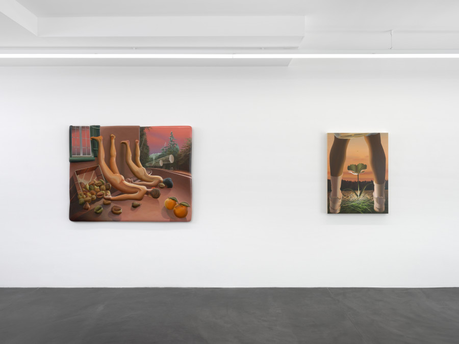 Left: Kyle Dunn Pact, 2020. Acrylic on epoxy resin, plaster, and foam panel, 121.9 x 152.4 x 5.1 cm. Right: Piss Flower, 2021, Acrylic on wooden panel, 101.6 x 76.2 cm. Photo credit: Annik Wetter