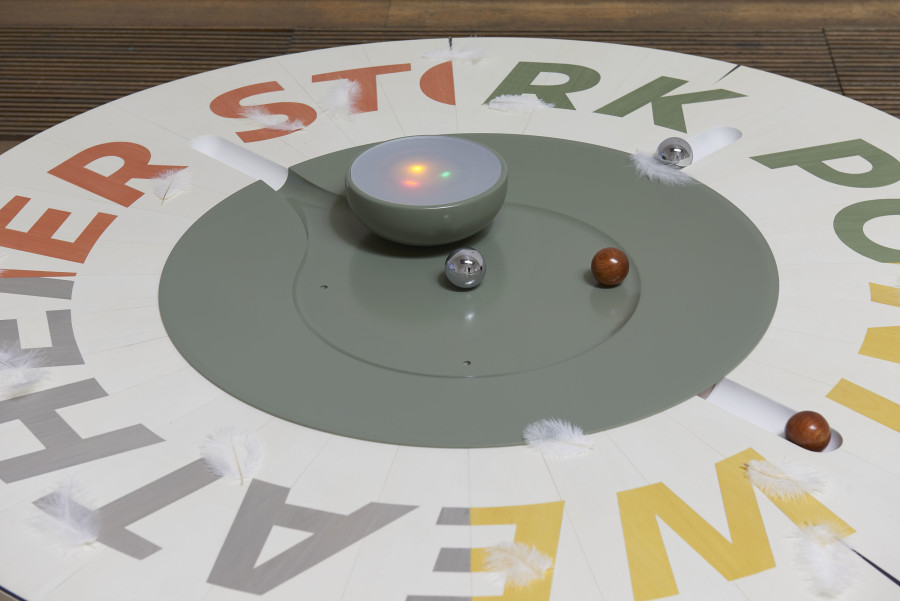 Camille Blatrix, installation view, Standby Mice Station, Kunsthalle Basel, 2020, view on Weather Stork Point, 2020 (detail). Photo: Philipp Hänger / Kunsthalle Basel. Courtesy of the artist; Galerie Balice Hertling, Paris, and Andrew Kreps Gallery, New York