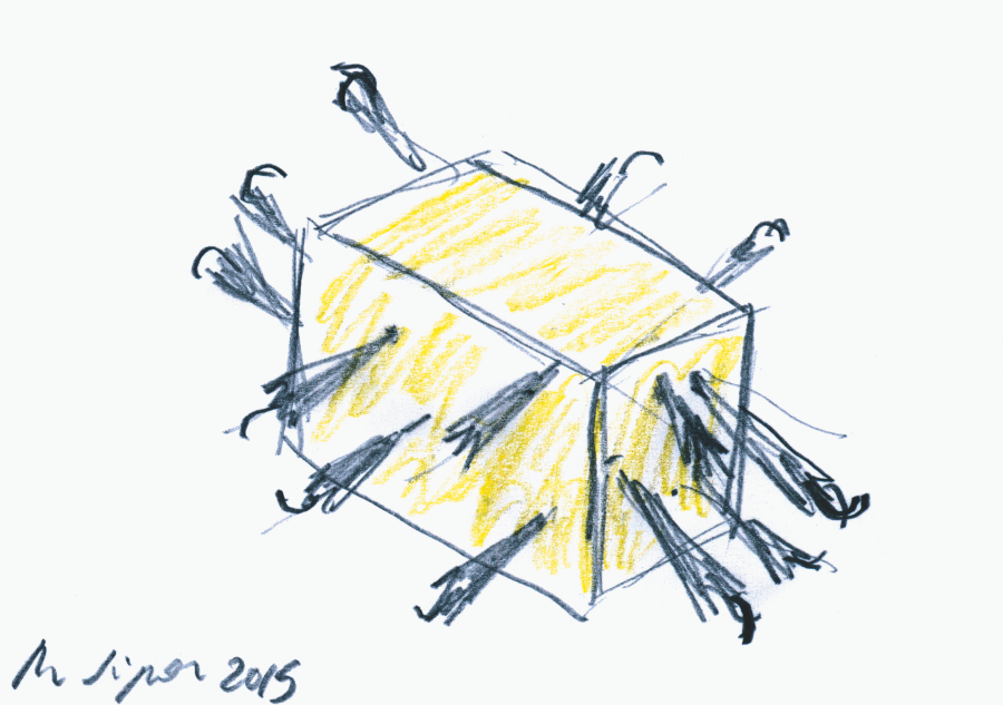 Roman Signer, Skizze zu einer Installation (vier Häuser mit rauchenden Kaminen und je einem Ventilator), 2006, © Roman Signer