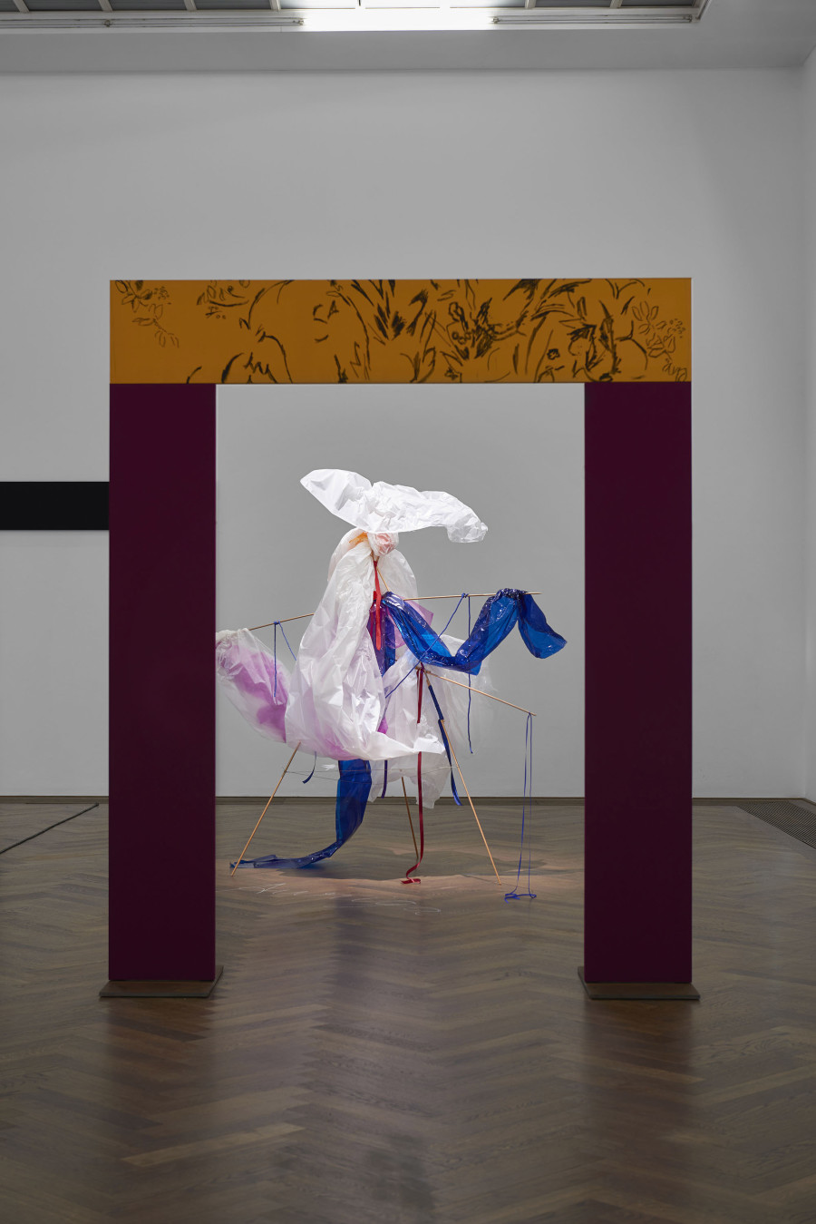 Installation view, Bizarre Silks, Private Imaginings and Narrative Facts, etc., an exhibition by Nick Mauss, view on (front) Nick Mauss, Tresholds, 2020, and (back) Rosemary Mayer, “reenactment” by Nick Mauss in collaboration with the Estate of Rosemary Mayer, February Ghosts (Monoceros, Auriga, and Orion), 1981/2020, Kunsthalle Basel, 2020. Photo: Philipp Hänger / Kunsthalle Basel