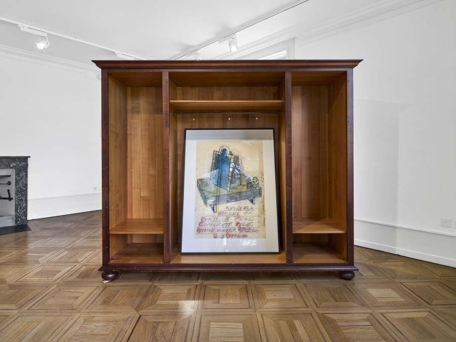 Dennis Oppenheim, Study for model of vertical pool, 1995, graphite, grease pencil, oil and pigment on paper, 128.5 x 97.5 cm. Photo: Serge Fruehauf. Courtesy: Collection FCAC