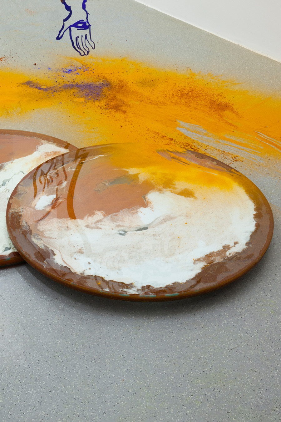 Monia Ben Hamouda, The Luncay of Lunar Sightings (Hourglass VI), 2022, Glass, chilli pigmented silicon, spices, 80 x 80 x 3.5 cm. Installation view from the solo show The Eye, the Hands, the Lunacy of Lunar Sightings, curated by Anissa Touati, jevouspropose, Zurich, 2022. Courtesy of the artist and ChertLüdde, Berlin