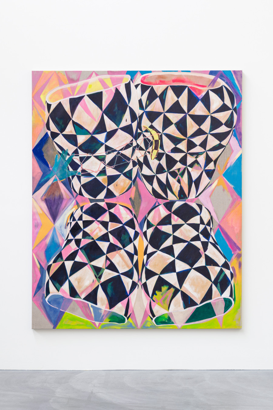 Athene Galiciadis, Stillleben (Vier Gefässe, Eine Banane und die Mutter der Inspiration), 2021,  Oil and acrylic on canvas, 210 x 170 cm. Photo: Andreas Zimmermann