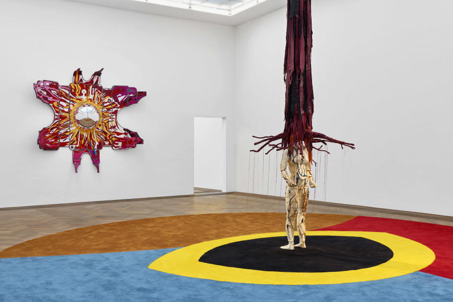 Installation view, Pedro Wirz, Environmental Hangover, Kunsthalle Basel, 2022, view on Flor Satélite, 2022 (left), Chapéu Telúrico, 2022 (right), Ovo Espacial, 2022 (floor). Photo: Philipp Hänger / Kunsthalle Basel