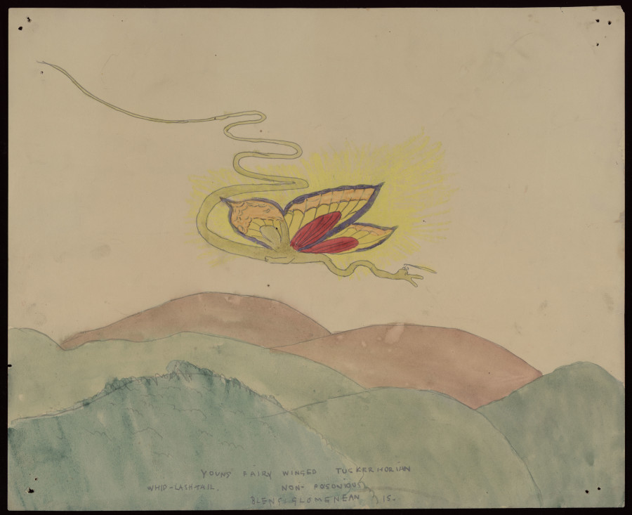 Darger, Henry, Young Fairy winged tusker horian whidlash-tail, between 1930 and 1972 Watercolour and lead pencil on paper, 35,5 x 43 cm Photo : AN – Collection de l’Art Brut, Lausanne © Kiyoko Lerner/ 2020, Prolitteris, Zurich