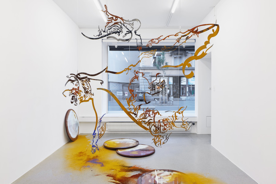 Monia Ben Hamouda, Installation view The Eye, the Hands, the Lunacy of Lunar Sightings, Solo show curated by Anissa Touati, jevouspropose, Zurich, 2022. Courtesy of the artist and ChertLüdde, Berlin. Photo: Hannes Heinzer