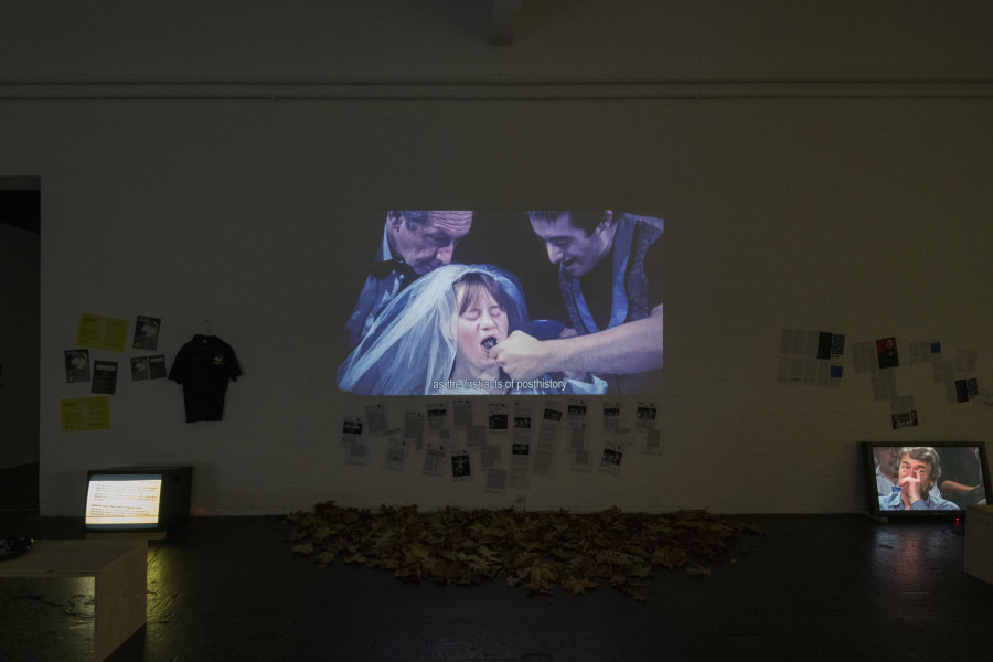 Milo Rau, City of Change, 2011. Courtesy: IIPM; Die 120 Tage von Sodom, 2017. Courtesy: Patrick Hunka; Die Zürcher Prozesse, 2013. Courtesy: SRF in collaboration with Theater Neumarkt. Photo: Kunst Halle Sankt Gallen, Sebastian Schaub.