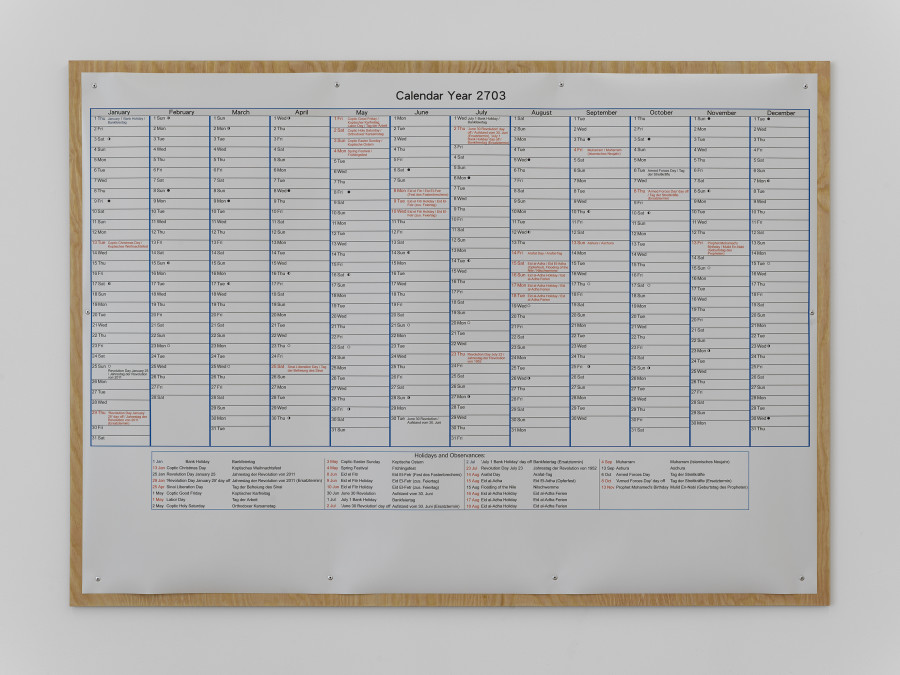 Philipp Simon, Year 2703, UV Print, Paper, Wood, Rivets, 122 × 89 cm, 2022 / Photo: Cedric Mussano / Courtesy: the artist and Kirchgasse Gallery