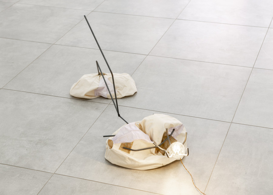 Karolin Braegger, One Skin Too Few, 2022, lightbulb, textile, steel, wire, electricity — Picture © Simon Rimaz