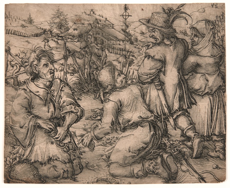 Würfelnde Landstreicher und bäuerliches Paar, Hans Weiditz d. J. (auch Petrarcameister), zugeschrieben / attributed to, um 1525/30, Feder (und Pinsel?) in Schwarz, alt aufgezogen, dabei stellenweise verwischt, Blatt: 18.1 x 22 cm, Inv. 2019.4,  Creditline: Kunstmuseum Basel- Geschenk Familie Oeri in Erinnerung an Hansjörg Duschmalé und Michael Kessler, Photo Credit: Kunstmuseum Basel - Jonas Haenggi