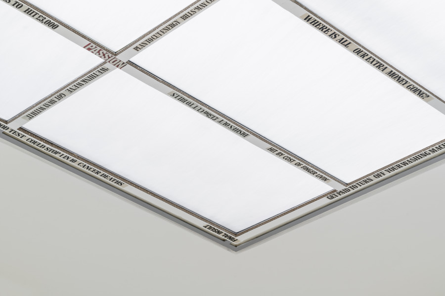 Weapons 2022 Newspaper and acrylic on cardboard, Courtesy the artist and Weiss Falk, Basel / Zurich