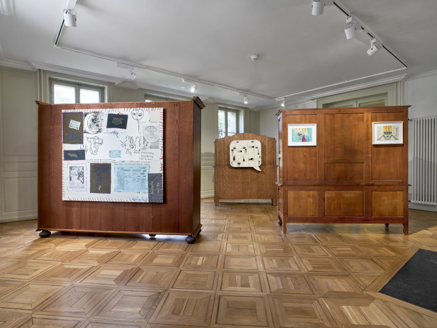 Installation view: (from left to right), Gaia Vincensini, Processing, 2018, mixed media on canvas sewn on MDF, 125.4 x 144 cm, Liz Craft, What is she thinking, 2015, ink, ceramic, aluminum, 75 x 76 x 4.5 cm, Marta Riniker-Radich, Untitled, 2011, pencil and pastel on paper, 32,5 x 41,2 cm, Marta Riniker-Radich, Sunrise Lobby, 2009, pencil and pastel on paper, 32,5 x 41,2 cm. Photo: Serge Fruehauf. Courtesy: Collection FCAC