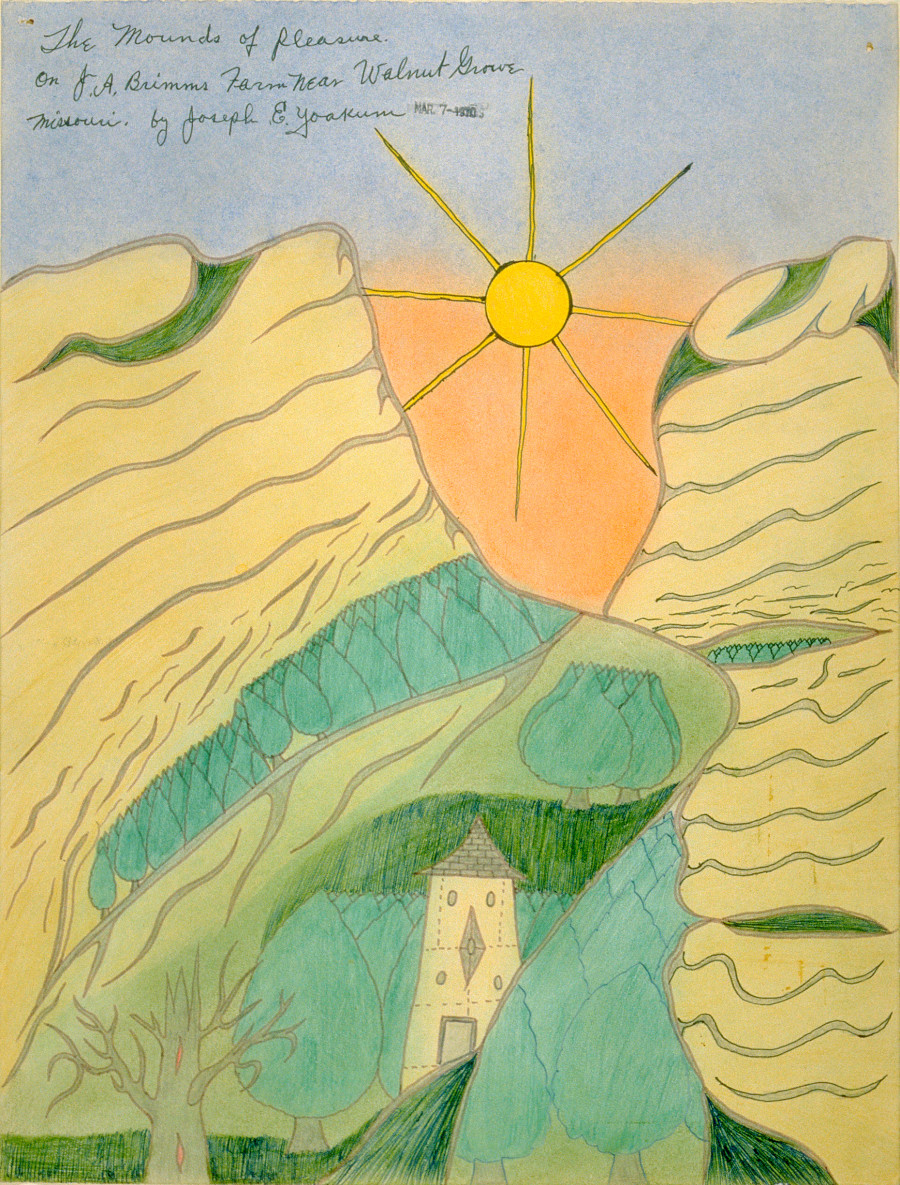 Joseph Yoakum, The Mounds of Pleasure/on JA Brimms Farm Near Walnut Grove..., 1970 Ink and pastel on paper, 39 x 30 cm Richard and Ellen Sandor Family Collection