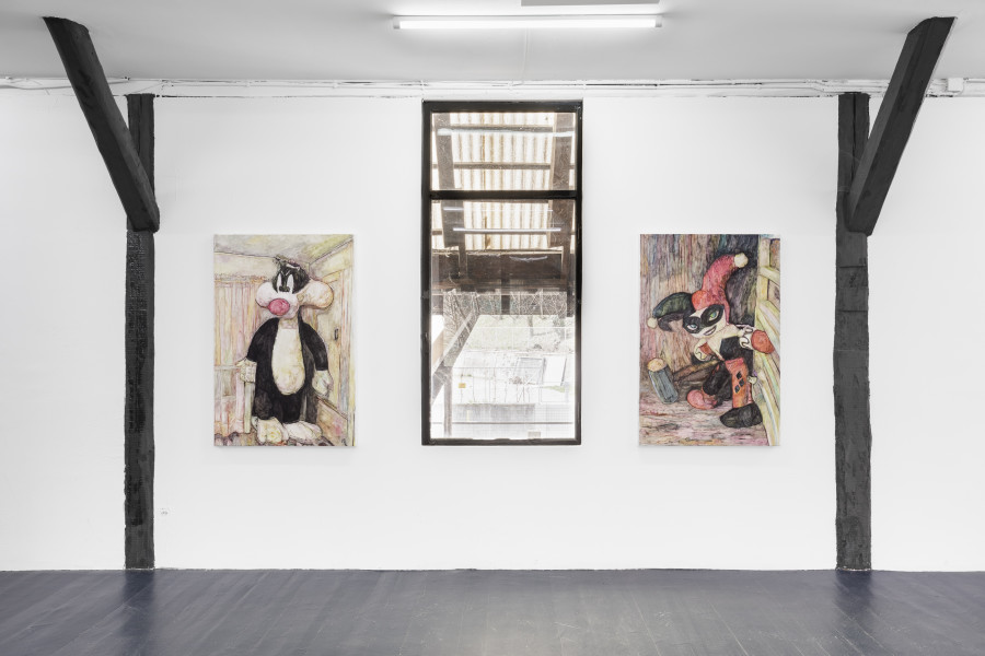 Grégory Sugnaux, Nude Sylvester, 2022, gouache and acrylic on canvas, 120 x 80 cm and Harley Quinn, 2022, gouache and acrylic on canvas, 120 x 80 cm Photo: Kilian Bannwart