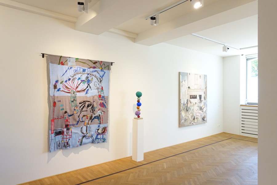 Installation shots of "Don't Fuck With Our Human" with works by Ali Banisadr, Kim Dingle, Christina Forrer, Xiao Guo Hui, Tahnee Lonsdale, Annie Morris exhibited at Galerie Fabian Lang, (17.09.2022-05.11.2022). Credit: Courtesy of the artists and Galerie Fabian Lang. Copyright: © Fabian Lang