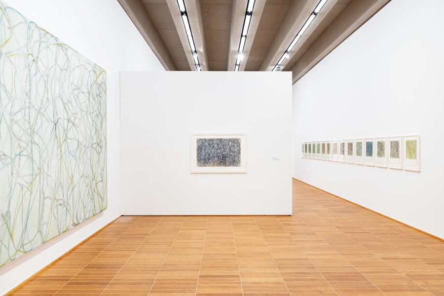 Brice Marden, The Muses, Muses Drawing 2 und Werke aus der Serie "15 x 15", 1991-1993 / 1989-1991 / 2015-2017, Öl auf Leinwand / Tusche und Bleiweiss / Kremer inks on Arches paper. Credit: Daros Collection, Schweiz, & Collection of Brice Marden, © 2022, Pro Litteris, Zurich, Foto: Jonas Hänggi