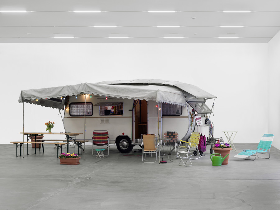 Esther Eppstein, Message Salon Wohnwagen, 1998-2000, Caravan with awning, furniture, brochures, photos, various materials, video and audio works. Sammlung Migros Museum für Gegenwartskunst, photo: Stefan Altenburger Photography, Zurich