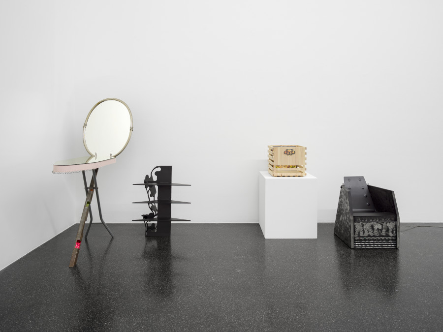 Dozie Kanu, aro pillars chukwu dinners, 2022, Found steel pipes, burnt pine wood, spray paint, powder-coated steel keyhole plates, 45 x 65 x 76 cm