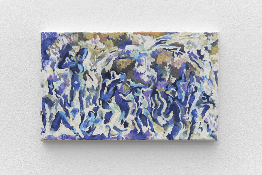 Installation view, Bizarre Silks, Private Imaginings and Narrative Facts, etc., an exhibition by Nick Mauss, view on Megan Francis Sullivan, Study of Bathers, 1902, Private Collection (Inverted), 2017, Kunsthalle Basel, 2020. Photo: Philipp Hänger / Kunsthalle Basel