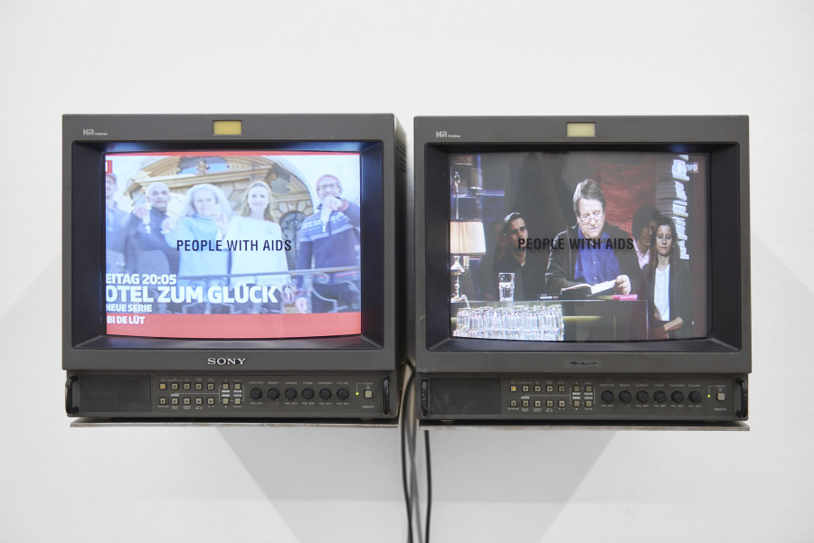 Installation view, Bizarre Silks, Private Imaginings and Narrative Facts, etc., an exhibition by Nick Mauss, view on Gretchen Bender, TV Text and Image (PEOPLE WITH AIDS), 1986–1993, Kunsthalle Basel, 2020. Photo: Philipp Hänger / Kunsthalle Basel