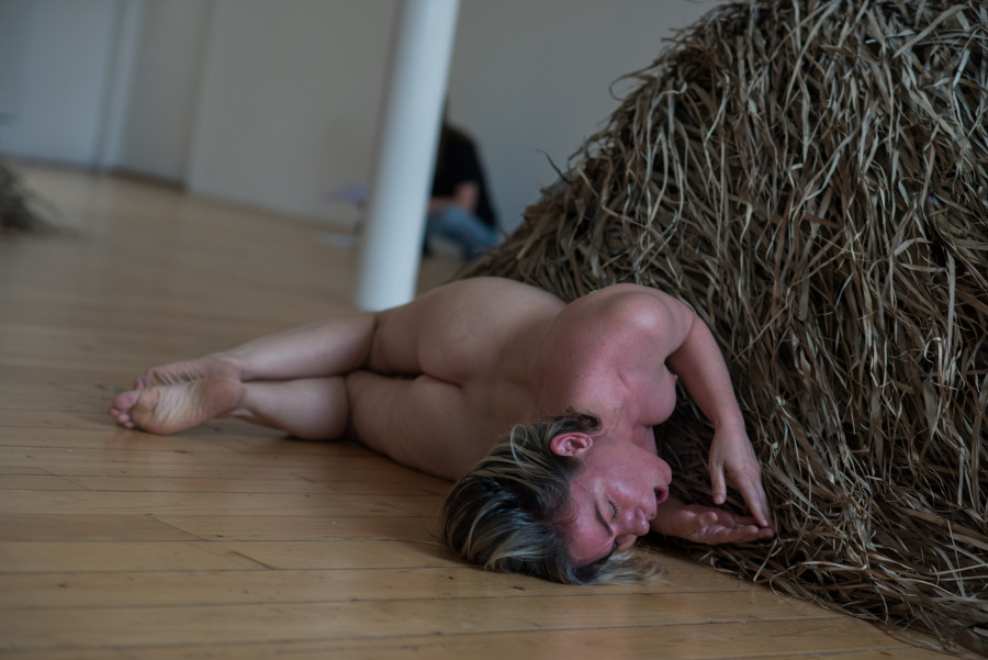 Performance documentation, Georgia Sagri, Shelter_Refuge, Kunsthalle Friart Fribourg, 2022, Photo Stathis Mamalakis ©Georgia Sagri