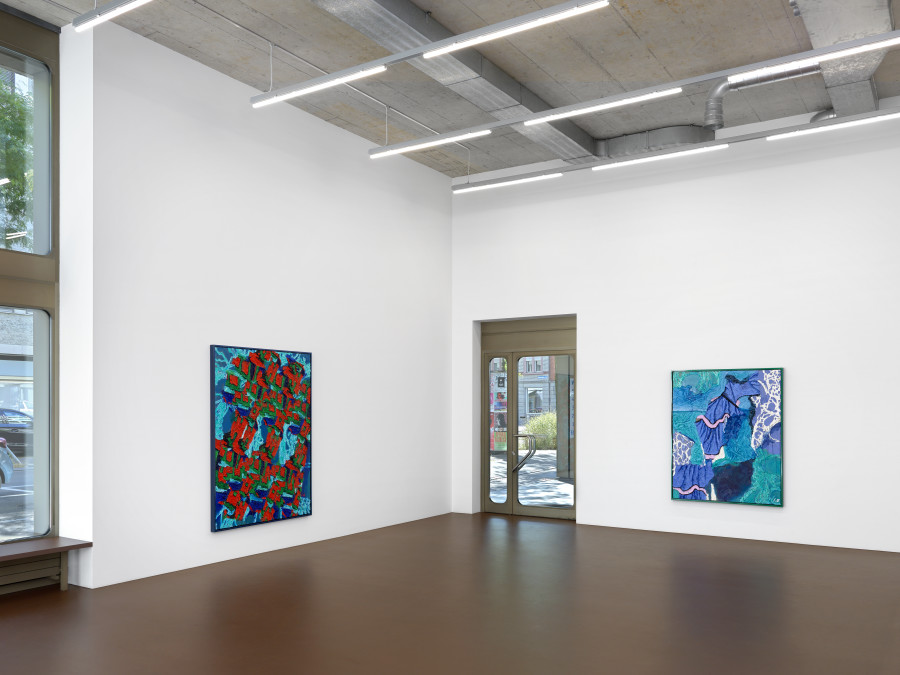 Ida Ekblad, FLYABLE, RIDEABLE. Installation view, Karma International, Zurich 2022. Courtesy of the artist and Karma International Zurich. Photo credit: Annik Wetter