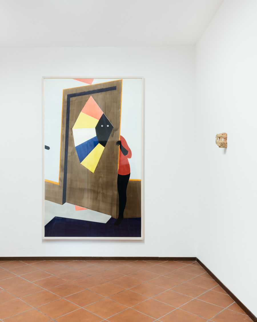 Eleonora Meier, I‘ll Miss Myself So Bad When I Die #1 , Acquarello e matita su carta, 220x140cm, 2019. Ugo Gattini, Lei mi affonderà!, Mattone, 11x16x15cm , 2020.