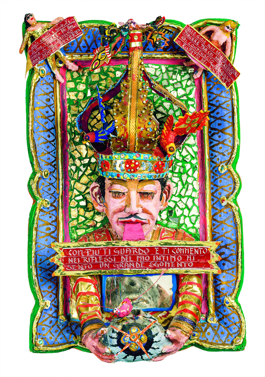 Marcomi,  Militaire au crâne en entonnoir ; le blond militaire, sans titre, entre1960 et 2003, photographie, carton,   ca 1941, mine de plomb et crayon de couleur sur papier, colle et ficelle, 31 x 24,5 cm  26,5 x 19 cm.  photo : AN – Collection de l’Art Brut, Lausanne