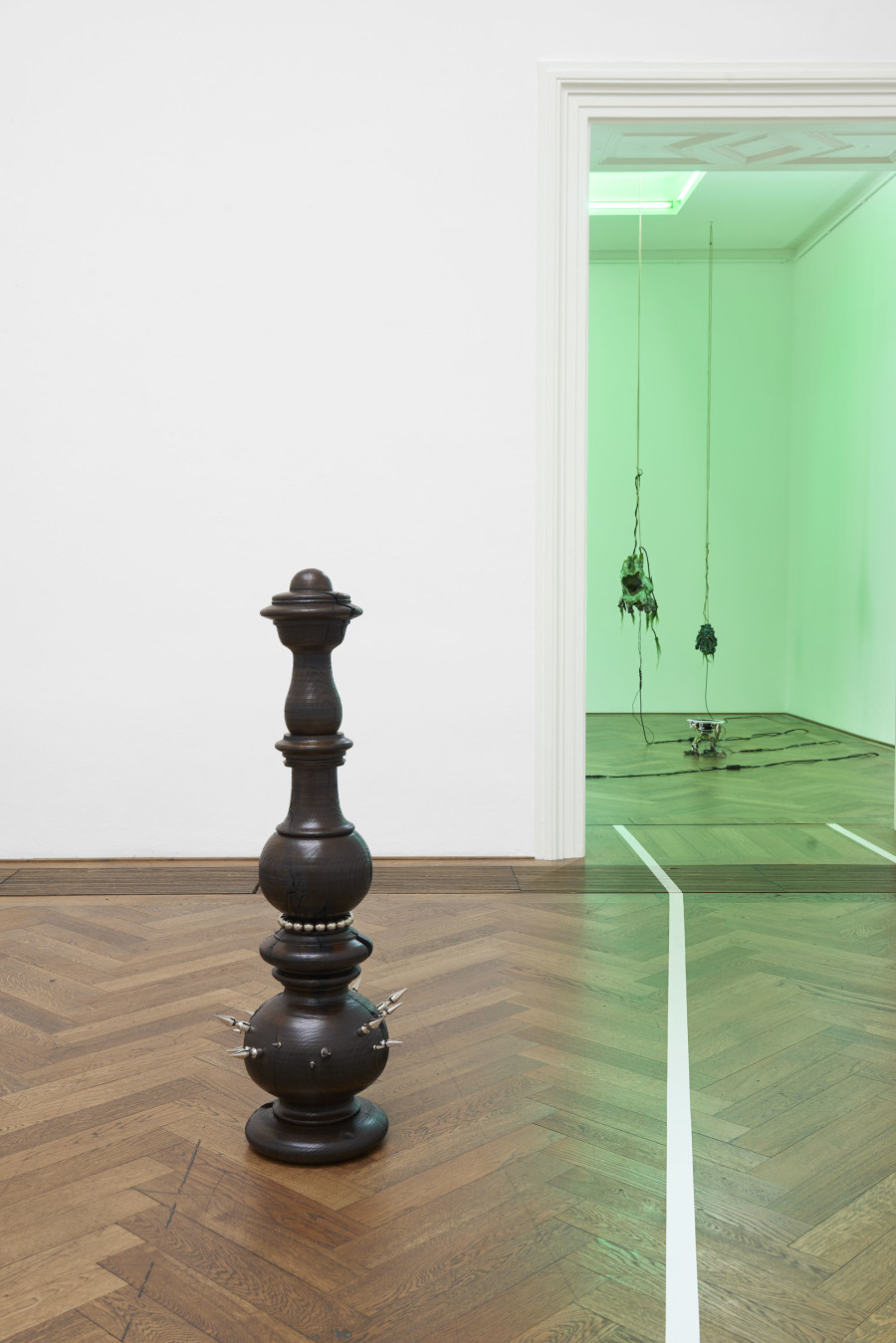 Installation view, Situation 1 und andere, Kunsthalle Basel, 2020, view on Julian-Jakob Kneer, ornament sublime, 2019 (front), Maya Hottarek and Julian Zehnder, Autopoiesis, 2020 (back). Photo: Philipp Hänger / Kunsthalle Basel