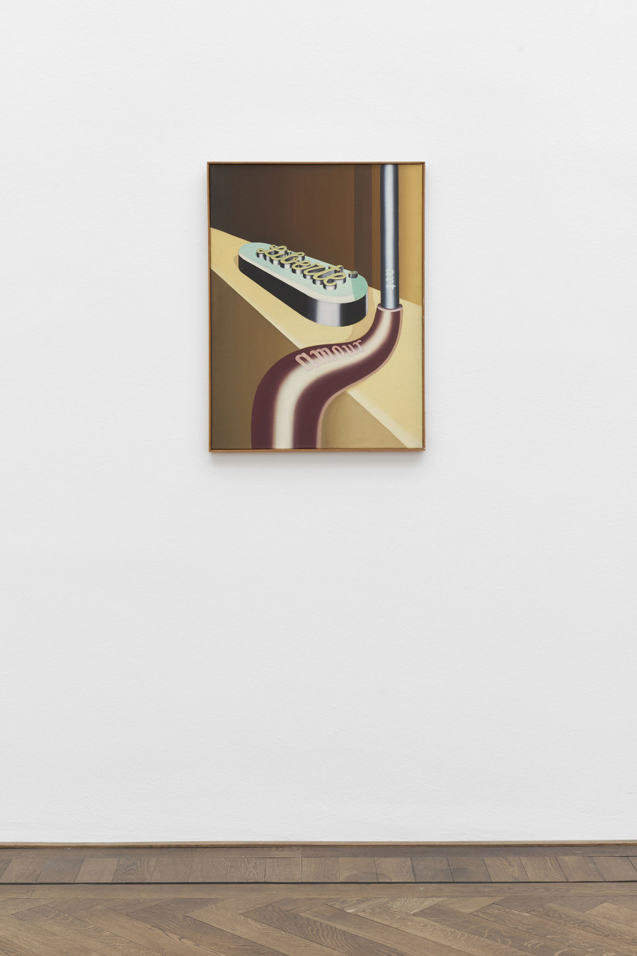 Installation view, Bizarre Silks, Private Imaginings and Narrative Facts, etc., an exhibition by Nick Mauss, view on Konrad Klapheck, Liberté, amour, art, 1964, Kunsthalle Basel, 2020. Photo: Philipp Hänger / Kunsthalle Basel