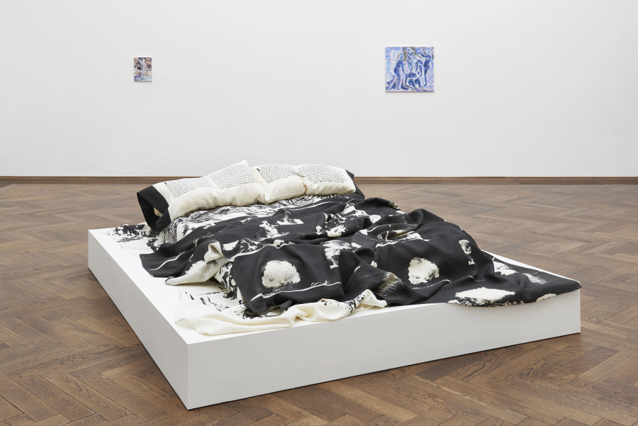 Installation view, Bizarre Silks, Private Imaginings and Narrative Facts, etc., an exhibition by Nick Mauss, view on (front) Robert Morris in collaboration with The Fabric Workshop, Philadelphia, Restless Sleepers/Atomic Shroud, 1981; (back left) Megan Francis Sullivan, Baigneur aux brax écartés, 1883, Collection Jasper Johns (Inverted), 2016; (back right) Megan Francis Sullivan, Cing Baigneuses, 1885–1887, Kunstmuseum Basel (Inverted), 2015, Kunsthalle Basel, 2020. Photo: Philipp Hänger / Kunsthalle Basel