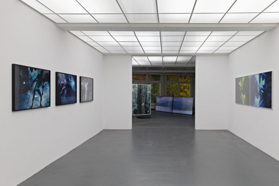 Claudia Andujar, Toototobi warrior - from the Yanomami dreams series, 2015. Musée d’ethnographie de Genève (Ethph 421247); Ecstasy - from the Yanomami dreams series, 2015. Musée d’ethnographie de Genève (Ethph 421246); Falling from the sky - from the Yanomami dreams series, 2015. Musée d’ethnographie de Genève (Ethph 421245). Felipe Castelblanco, Upriver from the series Cartographies of the Unseen, 2018 - 2021; Andaki Territory and the Invisibles. Southern Edge of the Churumbelos National Park, Colombia, 2018. Courtesy of the artist; Claudia Andujar. Untitled from Sonho verde azulado series, 1982. Collection of the artist, Courtesy Galeria Vermelho. Ausstellungsansicht Kunsthaus Baselland 2021. Foto : Gina Folly