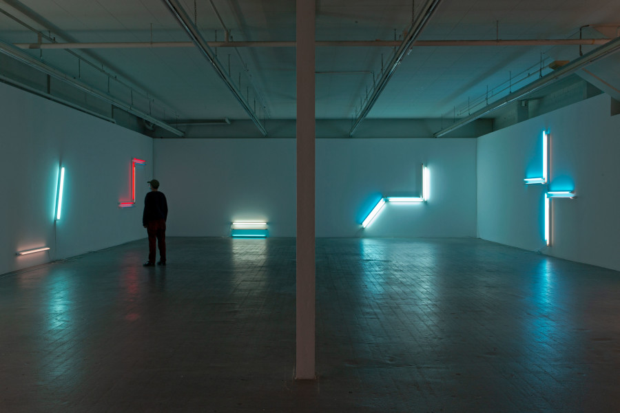 Céline Manz, fold; Aubette 63, 2019/20  Neonlampen und Halterungen, Fotofolien, Kabel Masse variabel Courtesy the artist Ausstellungsansicht / Installation view Kunsthaus Baselland. Photo / Foto: Gina Folly