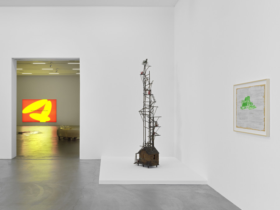 Exhibition view Aus den Fugen - Momente der Störung 2, Migros Museum für Gegenwartskunst, Nora Turato, fight the system, cerebral, visually striking, offbeat , 2021, Florian Germann, The Poltergeist Experimental Group (PEG) Applied Spirituality and Physical Spirit Manifestation (detail), 2011, Paul Thek, Uncle Tom's Cabin with Tower of Babel (from the series «The Personal Effects of the Pied Piper») , 1976, Paul Thek, Bo Jangles in Flames , 1974, Sammlung Migros Museum für Gegenwartskunst, © the artists. Photo: Stefan Altenburger Photography, Zurich