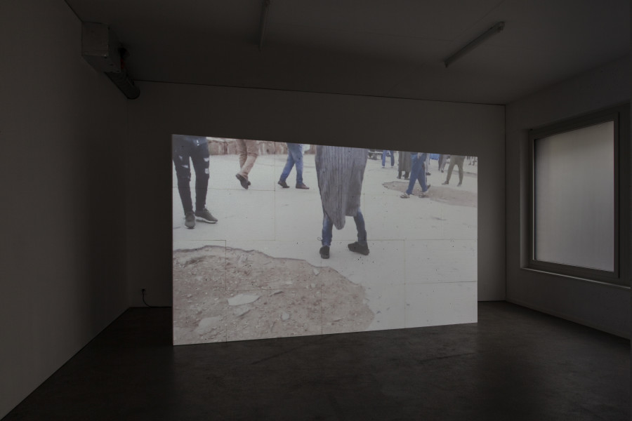 Exhibition view, d.e.d. world, 2022, HD video, color, sound, 16 secs (loop), projection on 14 Styrofoam panels, 2 x 3.5m, buttermilk on windows. Espace 3353, 2022. All credits to ©Anastasia Mityukova