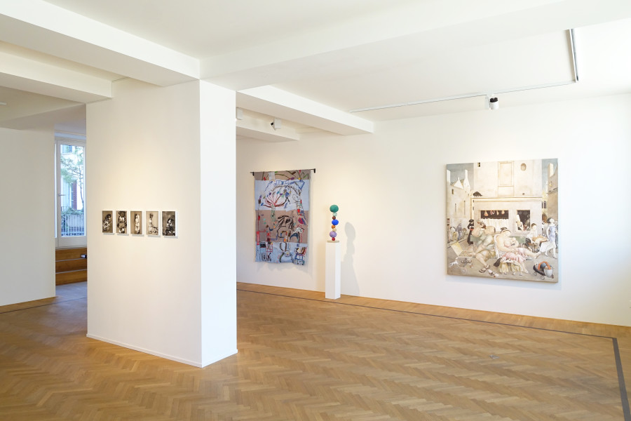 Installation shots of "Don't Fuck With Our Human" with works by Ali Banisadr, Kim Dingle, Christina Forrer, Xiao Guo Hui, Tahnee Lonsdale, Annie Morris exhibited at Galerie Fabian Lang, (17.09.2022-05.11.2022). Credit: Courtesy of the artists and Galerie Fabian Lang. Copyright: © Fabian Lang